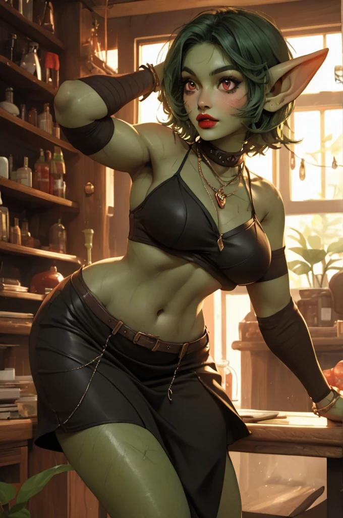 Goblin girl. green skin. very short hairstyle. small breasts. huge hips. choker. mini dress. red eyes. red lips