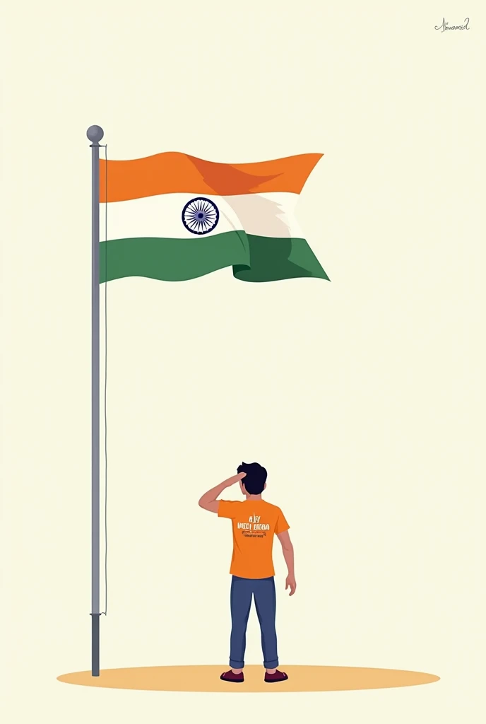 Men saluting the Indian flag from the , wearing 'PAL' t-shirts with 'P' in orange, 'A' in white, and 'L' in green. At the top left corner of the image, the text reads '78th Happy Independence Day.'" only one men. Age 21. More look like a cartoon p text orange a is white colour and L is Green . Men one head indian flag that is nice but text colour luck like a Indian flag