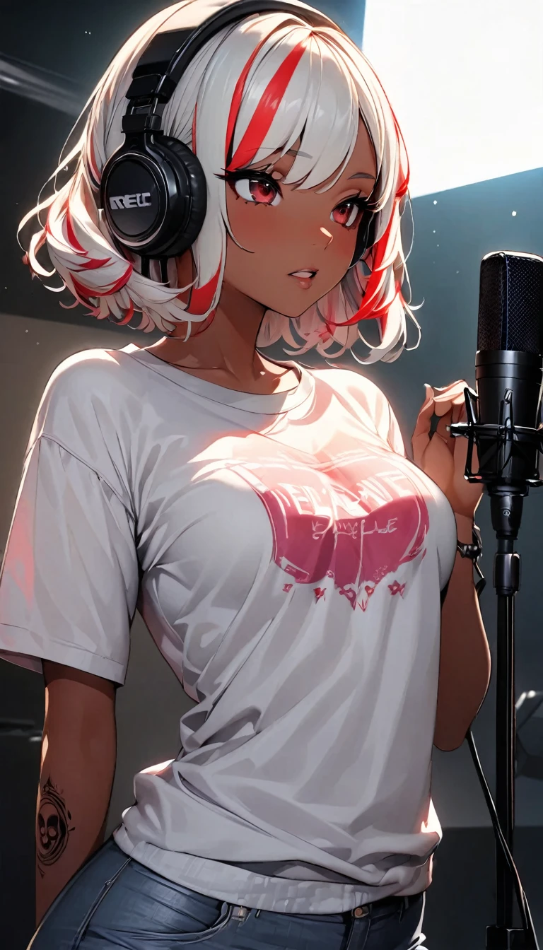 (highest quality:1.2, Very detailed, up to date, Vibrant, Ultra-high resolution, High Contrast, masterpiece:1.2, highest quality, Best aesthetics), Portraiture、girl、singer、Bright colors、Beautiful fine details、Beautiful lip detail、midium wave hair、red and white ((streaked hair:1.6)), highlights hair: 1.5, red eyes, (slim:1), medium breast, (tan skin:1.1), t-shirts and old jeans、loose fit, wearing headphone, vocal recording, singing, (right hand holding mike stand:1), (Floral Fineline tattoo design on left arm:1), ((mike stand)), Powerful vocals、Rock star aura、recording studio, vocal recording booth:1