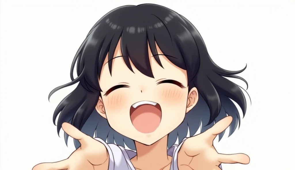 High resolution, One person, Heavy round bob,Bluish black hair,smile, Open your mouth, Put your hands out in front of you,happiness/joy, Simple Background, Wide-angle shot, 