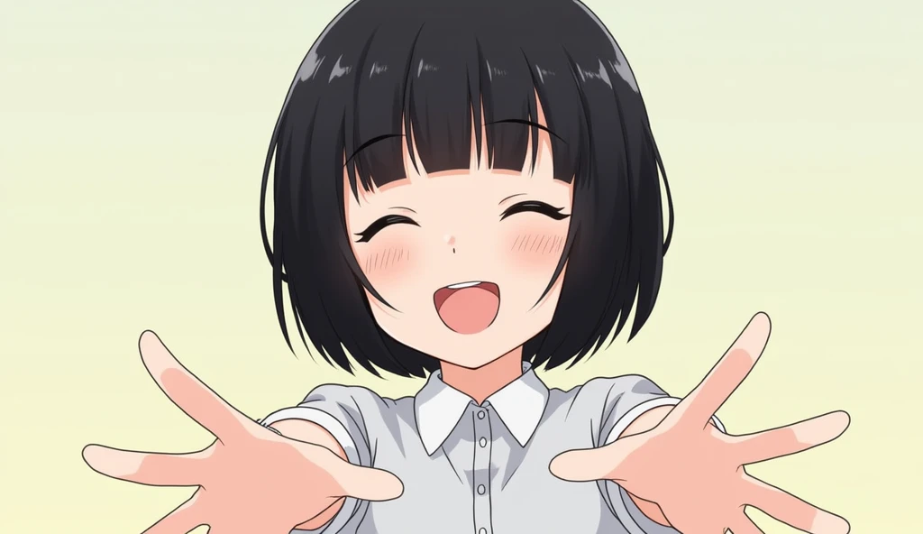 High resolution, One person, Heavy round bob,Bluish black hair,smile, Open your mouth, Put your hands out in front of you,happiness/joy, Simple Background, Wide-angle shot,