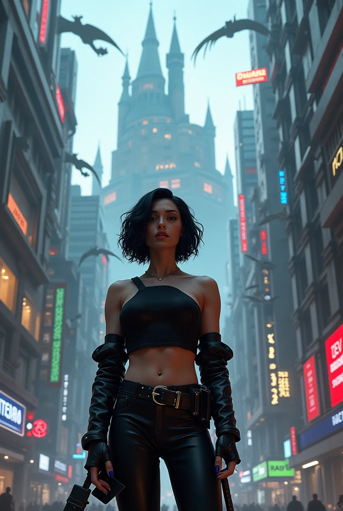 Let the image be from a video game.
Description: The protagonist looks distressed and is beautiful and curvy., short wavy hair with a futuristic look, He dresses in black and has a lot of style, She is white with black hair, wakes up in a distorted version of the city, where a medieval castle stands next to a shopping center, and dragons fly over modern cars. A magic sword appears at his feet, but his mobile phone is also in his pocket.
Dialogue: "Where am I? This is not… a mix of times?"