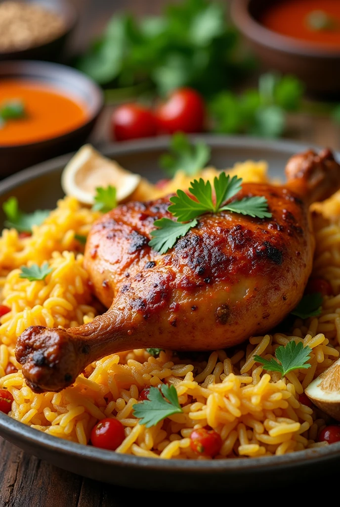 Real chicken briyani with single leg piece 
