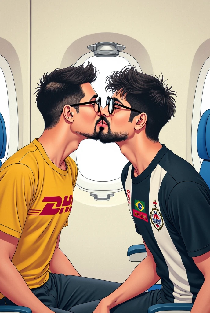 Two men with prescription glasses, Riding a plane, and goatee, one of them is wearing a DHL shirt, and the other with a shirt with vertical stripes, preta e branca, and a team shield that is composed of a red anchor. they are going from BRAZIL to Japan, make it very clear with the flags. I want the drawing with realistic lines, now make these men kiss each other