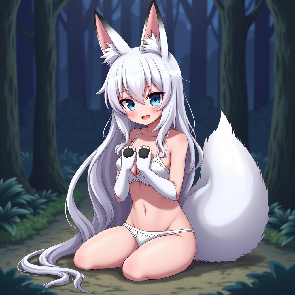 ((best quality, Masterpiece, Complete anatomy, Detailed pictures)), long haired, 1 woman, ferret arctic, sexy, long white hair, ponytail, gray eyes, White eyes, ferret tail, naked, red red, shy, in the cherry tree,