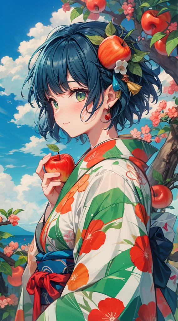 A personified character representing Aomori Prefecture, Japan. The character has short, vibrant blue hair resembling the ocean and a fresh, lively appearance. The eyes are a deep green, symbolizing the lush apple orchards and forests of Aomori. The character is dressed in traditional yet modernized attire, including a kimono or yukata with apple blossom patterns, reflecting Aomori's famous apple production. The outfit is layered with a light, flowing cape or scarf that has a cool, breezy design, reminiscent of the prefecture's coastal climate. Accessories include motifs of local products like apples, or a small charm symbolizing the Nebuta Festival. The overall demeanor is cheerful, energetic, yet grounded, reflecting the rich culture and natural beauty of Aomori. The background hints at a landscape featuring apple orchards, coastal views, and possibly a Nebuta float. The image should be in a vertical 9:16 format, capturing the full figure of the character.