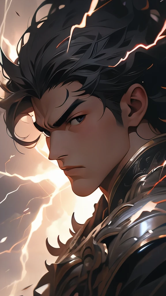 Masterpiece, best quality, nitid, ultra detailed, man's face with lightning and thunder, anger, wrath, supreme god, smooth black armor