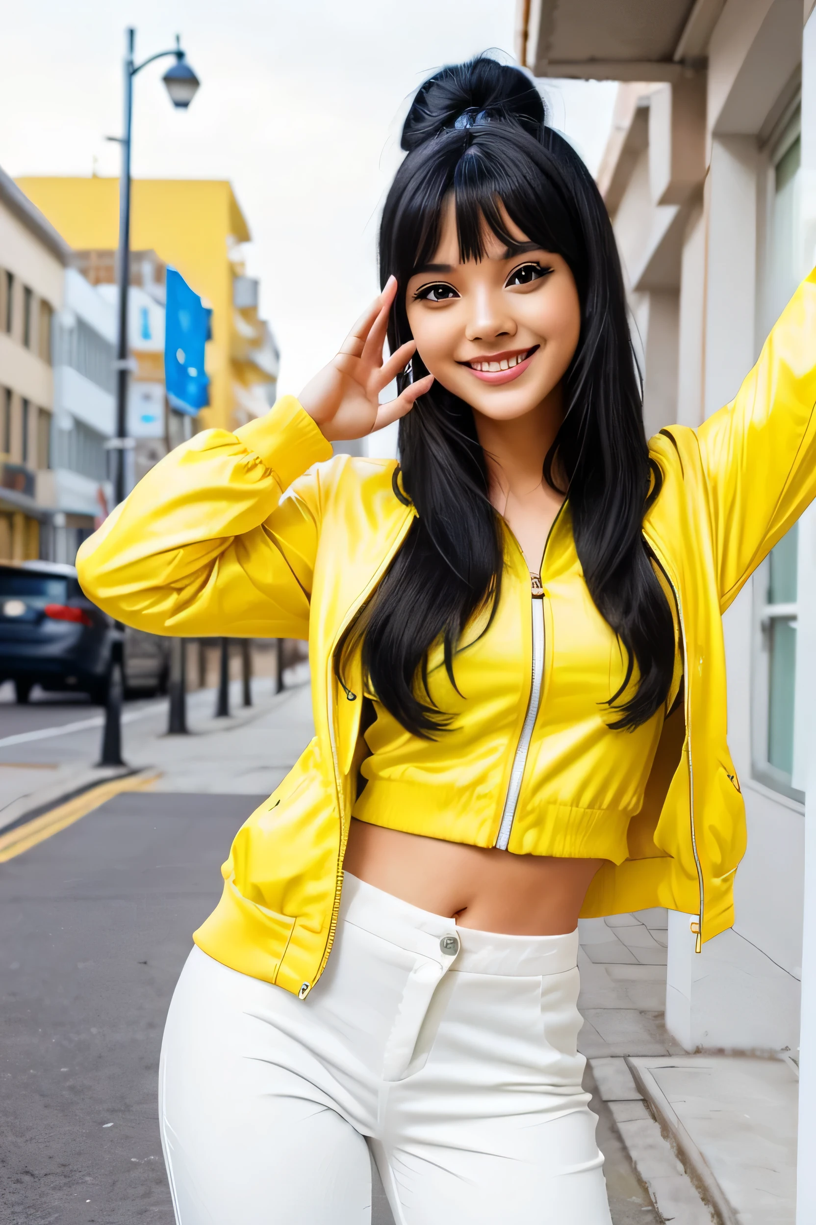 a BEAUTIFUL girl black hair who appears to be in a cheerful and playful mood, playful pose. The person is dressed in a bright yellow jacket and white pants, and they are winking at the camera.