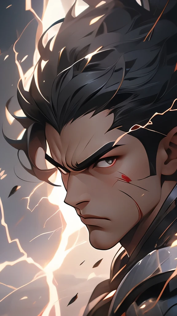 Masterpiece, best quality, nitid, ultra detailed, man's face with lightning and thunder, anger, wrath, supreme god, smooth black armor
