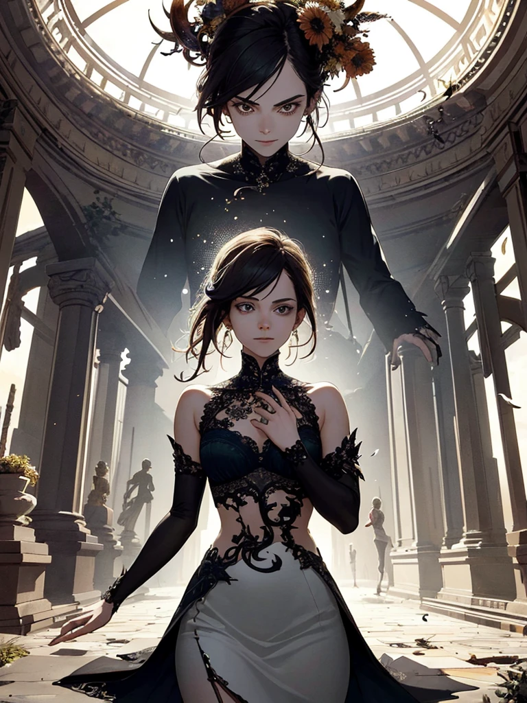 Absurd, high resolution, ultra-detailed, (1 girl:1.3), broken, design a beautiful temple scene, intricate architecture, lush gardens, and a sense of peace and spirituality. Broken, creating an image of a destructive demon with terrifying features, dark powers, and a thirst for chaos and destruction. Broken, designed with a fisheye effect image that captures a wide field of view with a unique curved viewing angle. Break to create rooftop views in urban environments with panoramic cityscapes, dramatic skylines, and a sense of elevation. Break , illustrating the tender moments between parents and children, capturing their bonds, love, and connection. Broken, using pointillism to illustrate images, carefully placed tiny dots of color to create a cohesive and visually stunning whole.
