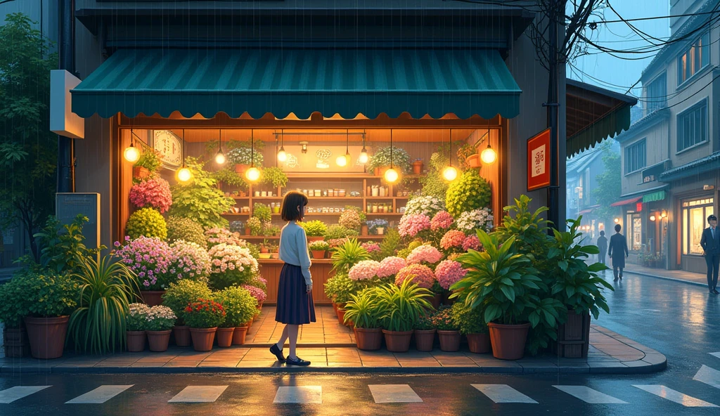 City flower shop, potted plants, flower, rainny night,water reflection puddle,oriental design, hanging lights , digital painting, sunset,wind up,concept art, illustration, intricate, many people, hanging lights, happy, beautiful colorful light, flower, plants ((tileset)) Anime - City street style scene, a woman waiting in front of a store, anime background art, detailed scenery - width 672, anime landscape concept art, anime style cityscape, Studio Ghibli anime style, Studio Ghibli art style, Studio Ghibli program, anime landscape, Studio Ghibli art style, Landscape artwork, Beautiful anime landscape, Forest city street, Ghibli art style, cake shop, cake shop, bakery cake shop, Makoto Shinkai style, Makoto Shinkai anime, Shinkai Makoto art style