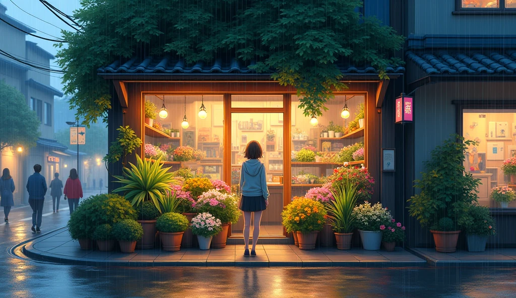 City flower shop, potted plants, flower, rainny night,water reflection puddle,oriental design, hanging lights , digital painting, sunset,wind up,concept art, illustration, intricate, many people, hanging lights, happy, beautiful colorful light, flower, plants ((tileset)) Anime - City street style scene, a woman waiting in front of a store, anime background art, detailed scenery - width 672, anime landscape concept art, anime style cityscape, Studio Ghibli anime style, Studio Ghibli art style, Studio Ghibli program, anime landscape, Studio Ghibli art style, Landscape artwork, Beautiful anime landscape, Forest city street, Ghibli art style, cake shop, cake shop, bakery cake shop, Makoto Shinkai style, Makoto Shinkai anime, Shinkai Makoto art style