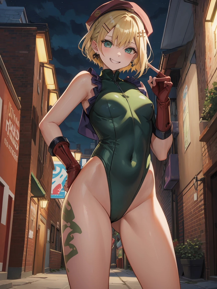 Portrait, official art, best masterpiece, best quality, best resolution, 8K, best detailed, perfect anatomy
break
(Contrapposto:1.3), Open Stance, standing, (From below, From behind), buttocks
break
1girl, solo, kurumi noah, hairclip, hair ornament, bow, jewelry, medium breasts, (Short stature:1.3), cute, Green Eyes
break
blonde hair, beret, (red headwear:1.3), scar on cheek, green leotard, sleeveless, red gloves, fingerless gloves, camouflage
break
(lewd smile), grin
break
Back alley, downtown, (night, midnight, darkness:1.4), very fine and detailed 16KCG wallpapersrs