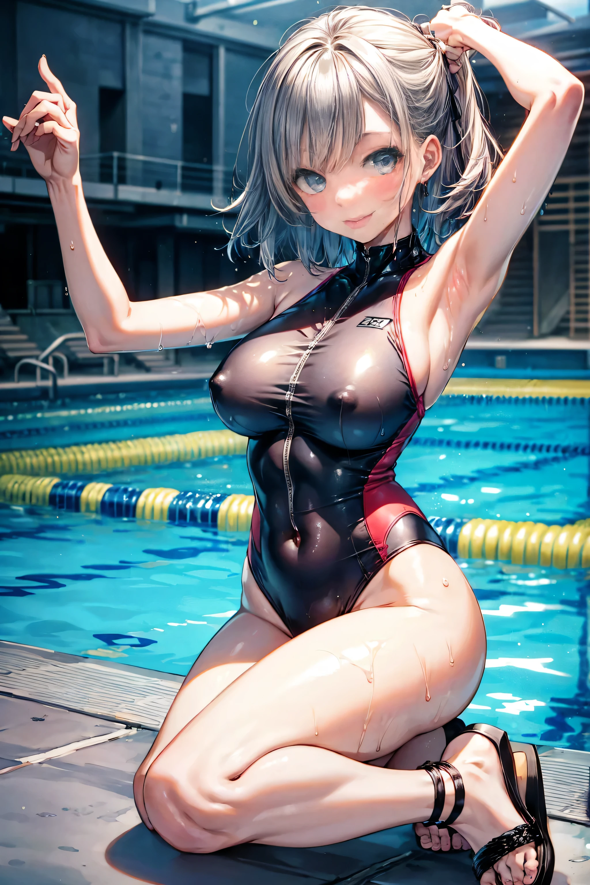 masterpiece,Official Art,8k, masterpiece, Highest quality, Very detailed, One woman、Toned body、Sheer belly button、Waistline、One-piece competitive swimsuit、Wet and transparent、Sandals、Crowded swimming pool、Nipple swelling、Stretch your arms and dive headfirst into the pool、Crotch line、Sexy、Beautiful eyes、Smiling face、Silver Hair