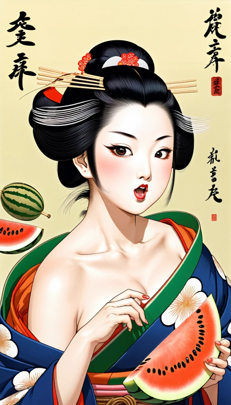 Nene takes a bite of the melon, her eyes widening in exaggerated suspicion, her mouth slightly pursed as she tries to discern the unusual flavor. Toyotomi Hideyoshi, in the background, wears an overly panicked expression, his eyes wide, mouth agape, and sweat pouring down his face as he realizes his blunder."