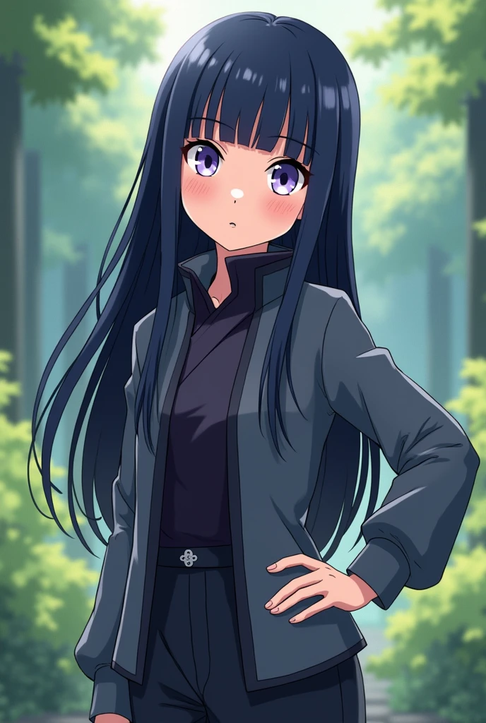 Create a detailed anime-style illustration of a young woman inspired by Hinata Hyuga from Naruto. She should have long, straight, dark indigo hair with blunt bangs and large, pale lavender eyes that have a slightly mystical appearance. Her outfit is a traditional ninja attire with a modern twist, featuring a high-collared jacket and dark pants. The background should be set in a serene, natural environment, perhaps a traditional Japanese garden or a forest, with a soft, calming light. The overall mood of the image should reflect her gentle, shy, and determined personality, capturing both her strength and her kindness.