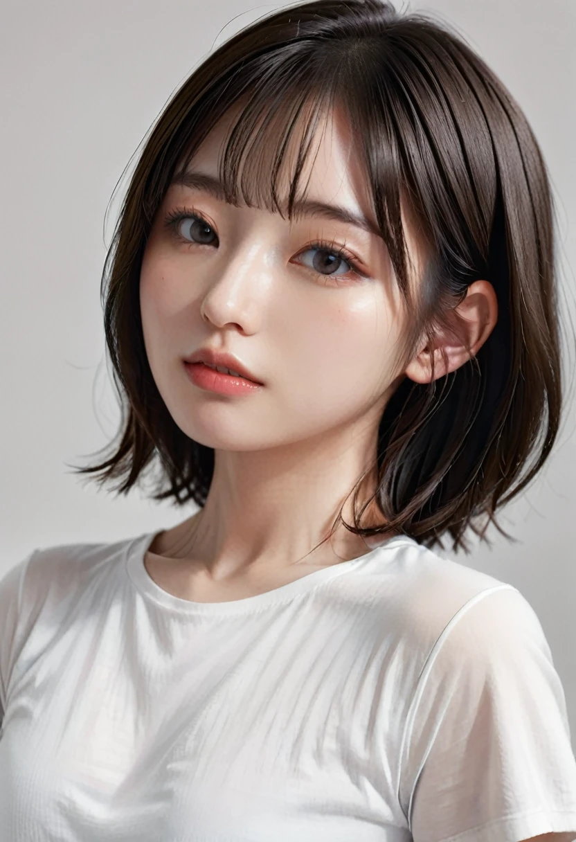 photorealistic, Photography ,BREAK woman taking a (selfie:1.8) , (short hair), (T-shirts), on the bed in simple bedroom , white background, BREAK, 8k , LAW , best-quality, masterpiece, hyper realistic detail shiny skin , natural shading , realistic shadow, BREAK (hyper realistic detail shiny skin, detailed skin, detailed hair, ultra sharpness, intricate details), perfect anatomy