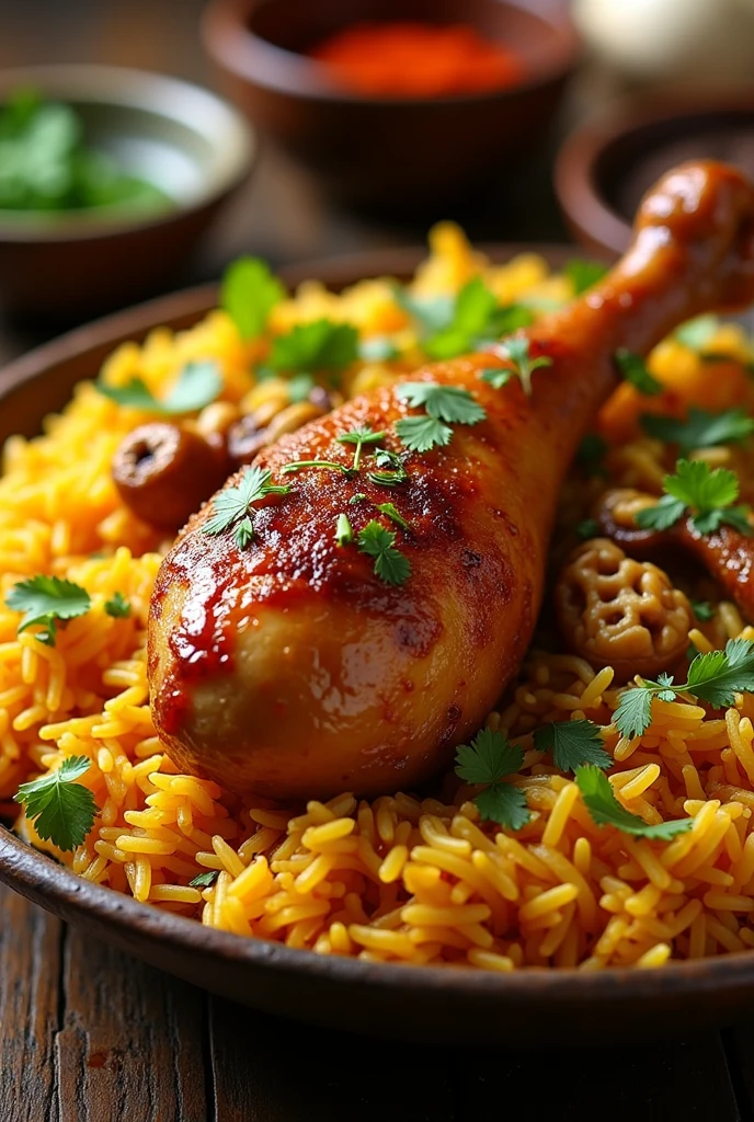 Real chicken briyani with single leg piece