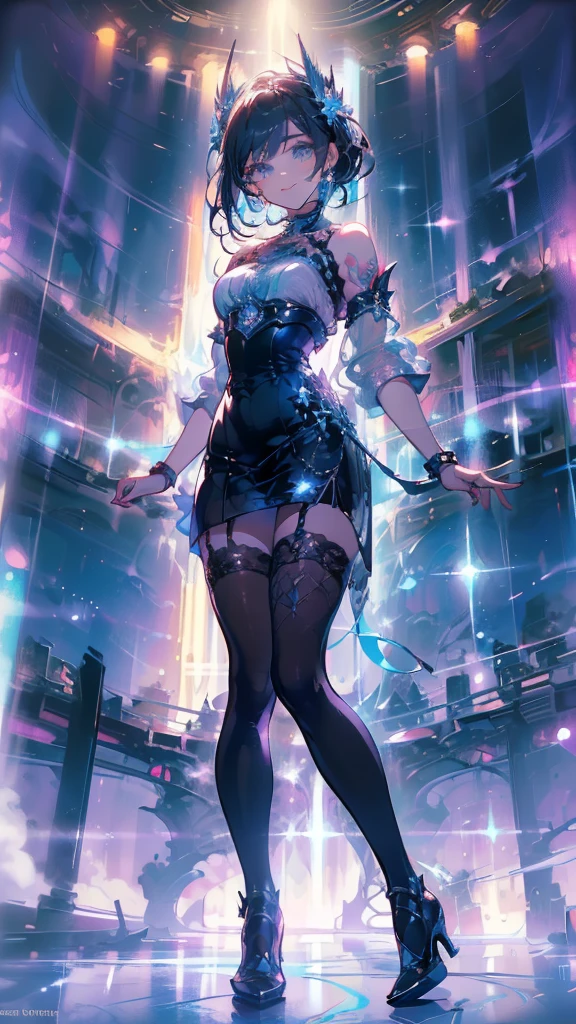 ((masterpiece, best quality)),Idol singer,Shining stage background,Delicate face,Smile,whole body,Perfect body proportions,Sparkling cyan eyes,sexly,Tattoo,Extremely beautiful,transparent,High heel,Fishnet stockings