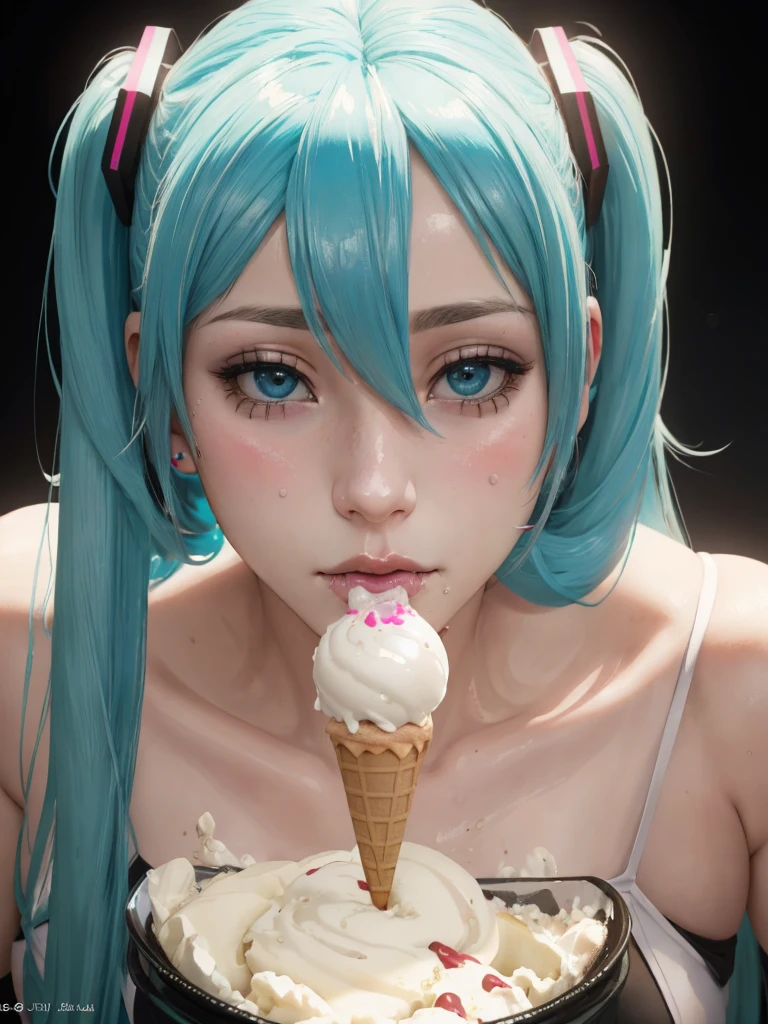 deepthroat, girl eating ice-cream,  face stained, hatsune miku, sucking ice-cream,  (8k, RAW photo, best quality, ultra high res, photorealistic, masterpiece, ultra-detailed, Unreal Engine)