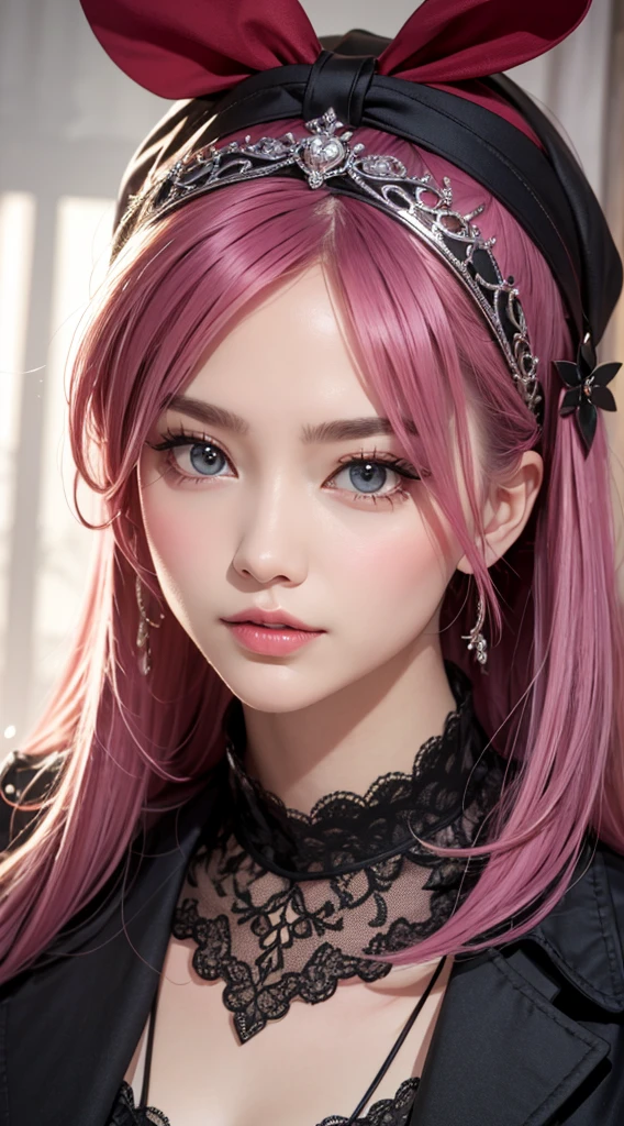 eye reflection, pink hairband, UHD, retina, masterpiece, ccurate, anatomically correct, textured skin, super detail, high details, high quality, best quality, highres, 1080P, HD, 4K, 8k, 16k
