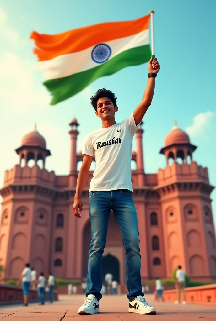 A real 24 years old boy, wearing white T shirt blue jeans sneakers and the "Raushan" is written on his t-shirt and the boy is standing on the road with holding a national flag of India, and behind him is the Red Fort Delhi. And written on sky "Independence Day" create realistic image high quality 