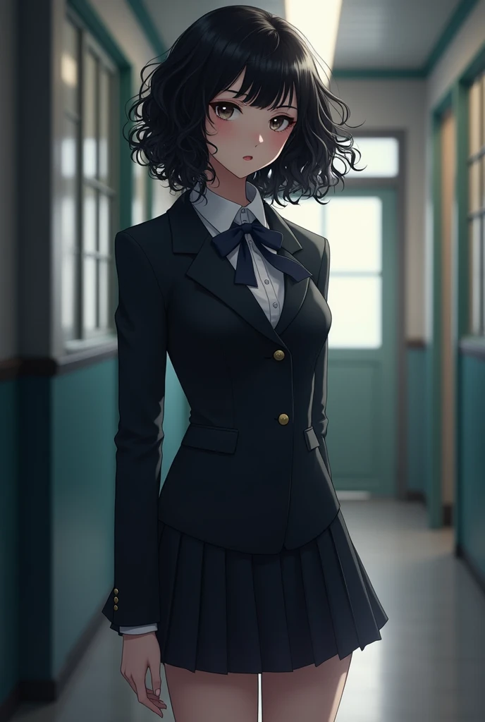 A fictional anime character in a school uniform with black curly hair and a cold, absent-minded face., with a good aesthetic physical appearance in a school environment 