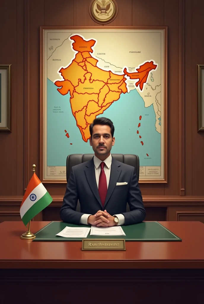 Creat a ias officer room .with Indian map on background of table. Center of table a small Indian flag .name borad with name Rahul madhavias
