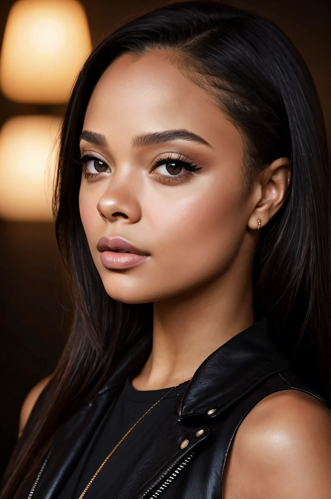 arafed woman with a black shirt and a black jacket, portrait sophie mudd, selfie of a young woman, tessa thompson inspired, with professional makeup, glowy, profile image, sexy face with full makeup, detailed flawless face, sultry look, perfectly lit face, headshot profile picture, light skin.