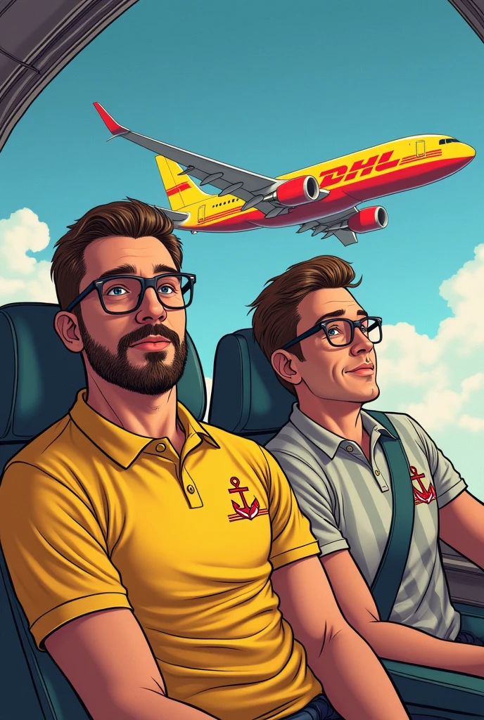 Two men with prescription glasses, Riding a plane, and goatee, one of them is wearing a DHL shirt, and the other with a shirt with vertical stripes, preta e branca, and a team shield that is composed of a red anchor. they are going from BRAZIL to Japan, make it very clear with the flags. I want the drawing with realistic lines, now make them both go to bed and make love