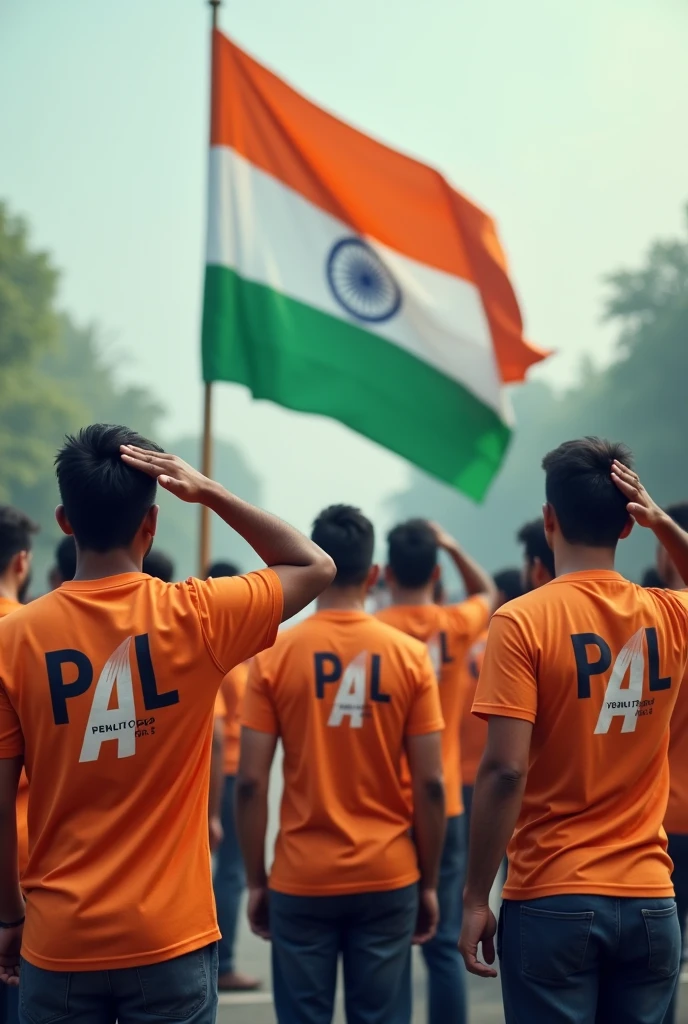 Men saluting the Indian flag from the , wearing 'PAL' t-shirts with 'P' in orange, 'A' in white, and 'L' in green.