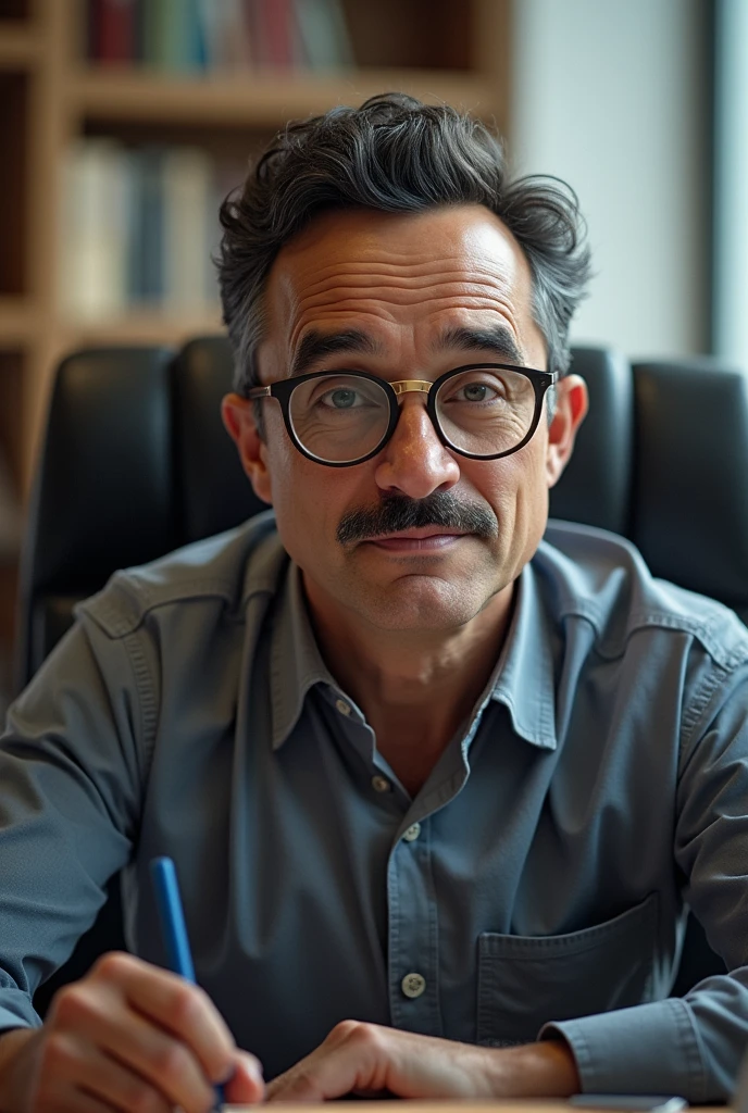 The brown guy sitting on office chair with specs and mustache also add little Curly hair with spike round face middle age