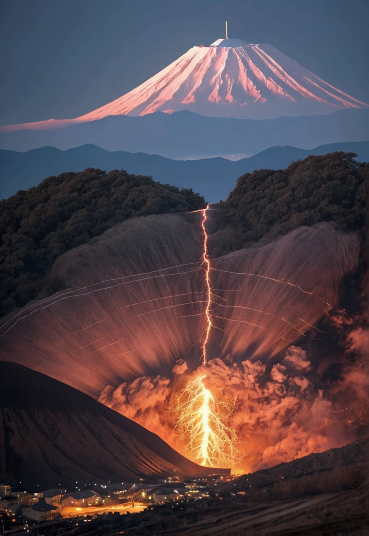 On the day of Earth's destruction, depict the last view of humanity. Show a breathtaking scene of natural wonders, with a volcanic eruption, lightning strikes, a violent storm, and meteors falling from the sky. In the foreground, include the iconic Mount Fuji. Capture the juxtaposition of beauty and cruelty in this apocalyptic landscape. Use vibrant and contrasting colors to highlight the intensity of the volcanic eruption and storm. Show the meteors descending with streaks of light, creating a sense of chaos and impending doom. Ensure that Mount Fuji stands tall and majestic, symbolizing the resilience of nature even in the face of destruction.
