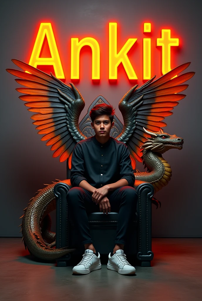 Illustration A 18 year old young boy wearing a black Räkéß and sneakers, sits on a King of Beasts throne with an Indian flag in hand. A ferocious dragon is next to him, and he has Indian tricolor wings. ‘Ankit‘ is written in large orange neon lights on a dark gray wall in the background. Create a 3D illusion profile picture in