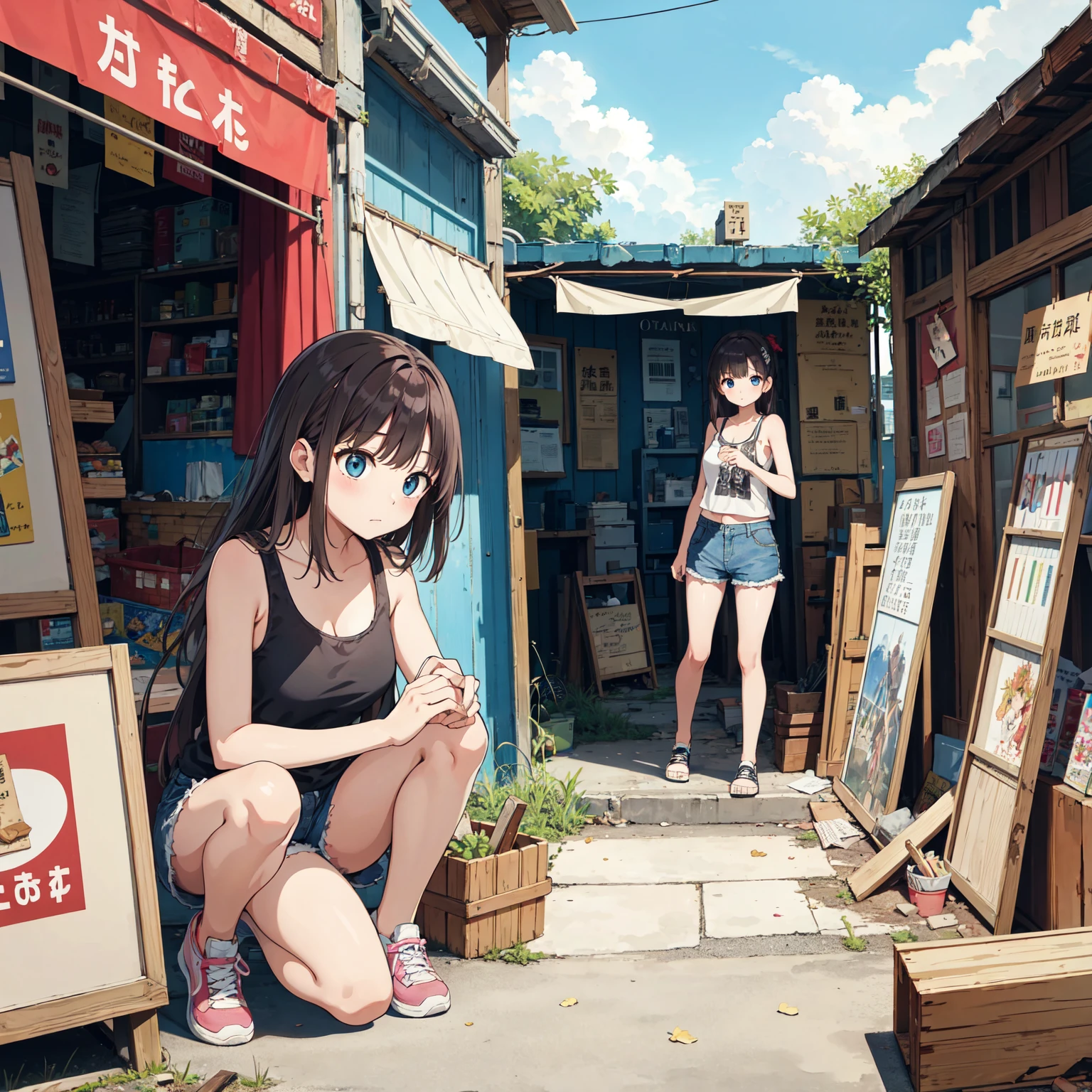 ((masterpiece、Highest quality))、masterpiece,Highest quality,The girls gather,Outdoor,Unsanitary and abandoned city、Shorts、Tank top、Poor conditions、ruins、sewage、Dirty shop、Crumbling underground shopping mall、street vendors、Poor person々、Blame me people