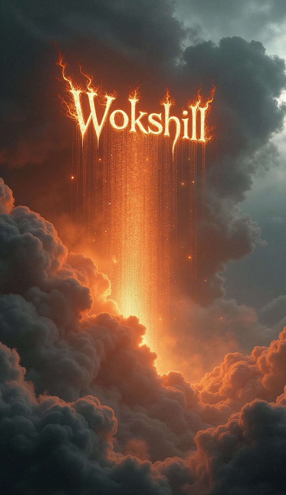 There is a fantasy title "Wokshill" written in the mythological style. There is fire in the clouds of the sky behind the background of the title. Blurry fur falling from the sky. A 3D, fantasy, realistic, aesthetic poster.