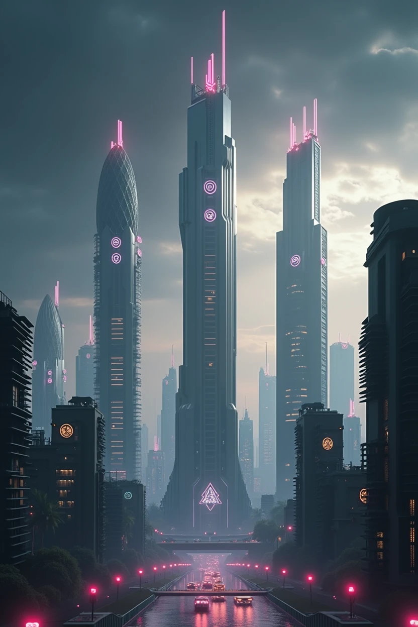 ultra tall, multiple buildings, spotlights, neon logo, neon lights, birdseye view ,art deco design,streamline moderne,futuristic architecture, Abstraction,modern style,Luxury and Luxury,dark night view,night, Futuristic decorative elements,Metallic,number line,sci-fi lamp,Virtual Engine,Unreal rendering, greenery, highways, cars,