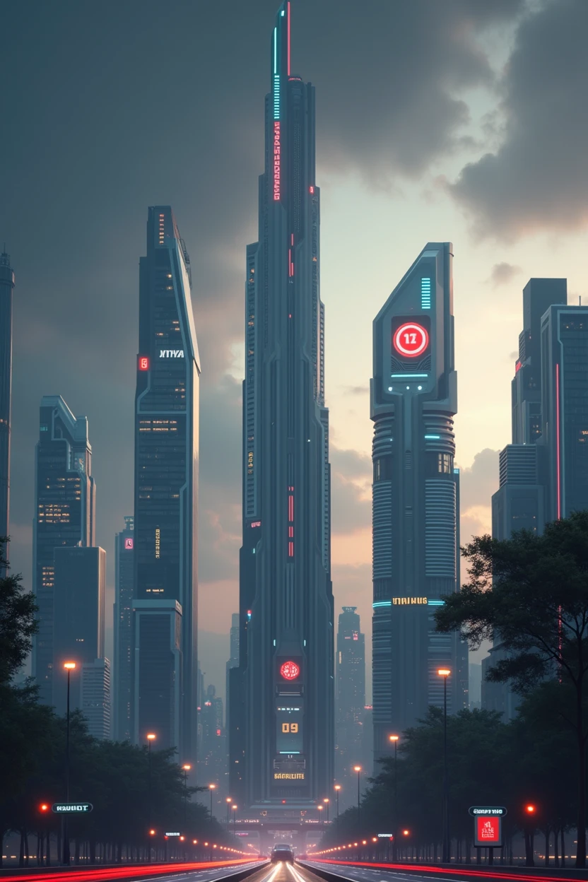 ultra tall, multiple buildings, spotlights, neon logo, neon lights, birdseye view ,art deco design，streamline moderne，futuristic architecture, Abstraction，modern style，Luxury and Luxury，dark night view，night, Futuristic decorative elements，Metallic，number line，sci-fi lamp，Virtual Engine，Unreal rendering, greenery, highways, cars, 