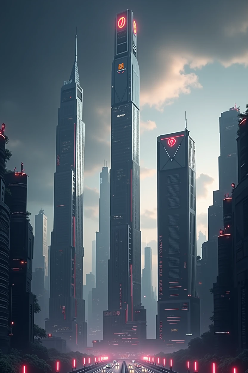 ultra tall, multiple buildings, spotlights, neon logo, neon lights, birdseye view ,art deco design,streamline moderne,futuristic architecture, Abstraction,modern style,Luxury and Luxury,dark night view,night, Futuristic decorative elements,Metallic,number line,sci-fi lamp,Virtual Engine,Unreal rendering, greenery, highways, cars,