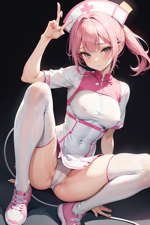 Cute anime,White shorthair,Character crouches,Please wear a pink miniskirt,The chest is protruding、contoured,Protruding nipples,Showing side boob,Nurse uniform,Clothes are tight,Body Contouring,Low Color,Stretch one leg towards the camera,Thinner legs,White swim briefs,Wearing pink knee-high sneakers,Short Ponytail,Lift one leg forward,Sole of the foot facing the camera,Close-up of boots,Spread your legs,The camera is pointed between her legs、No underwear、Pussy、Lower body naked、M-shaped legs、Fingering、Masturbation、Climax