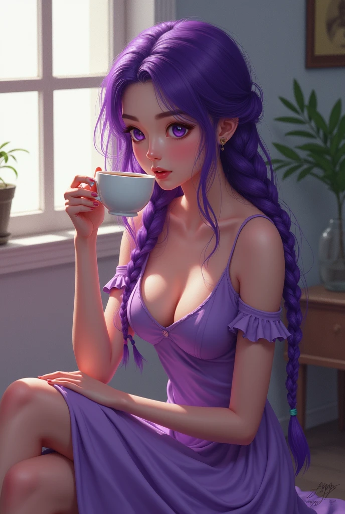 Young woman, Nineteen years old, Long purple braided hair, Beautiful face, Wearing a purple dress, Medium sized breasts, Thin waist, Her butt is average., Sit and sip tea, Painting style 2.5D