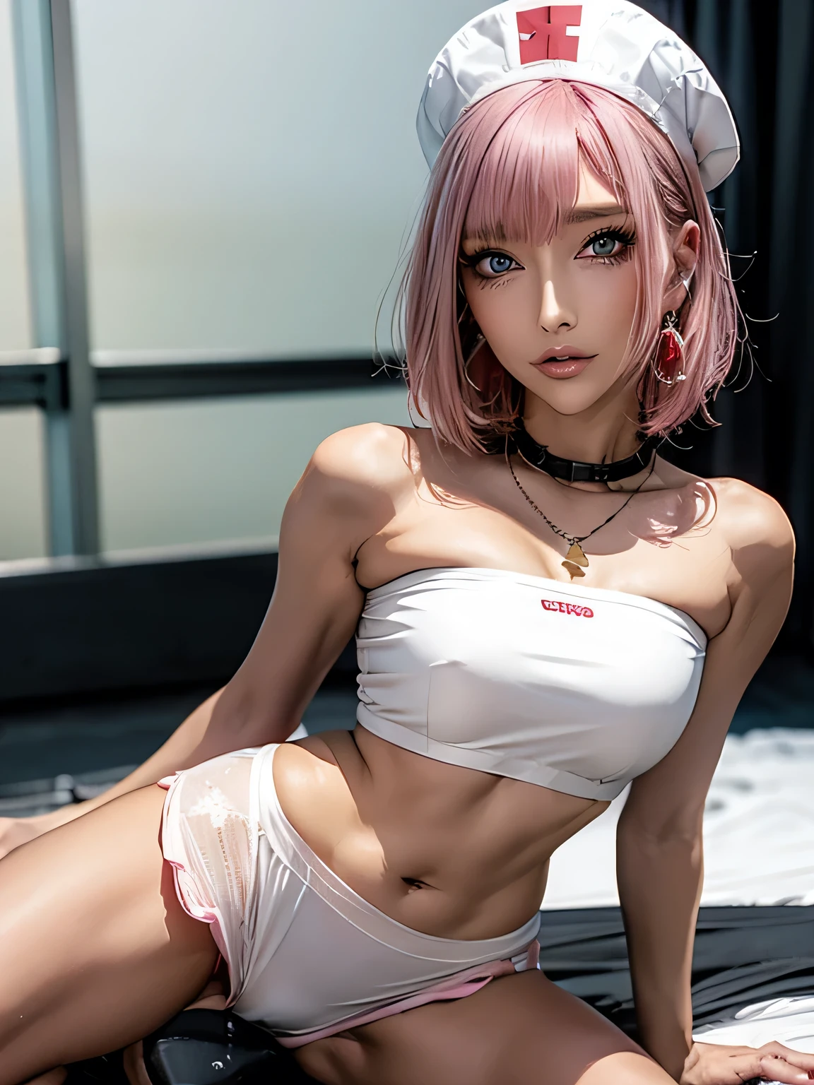 (Highest quality), Realistic, Beautiful Nurse,Hospital Bets,See-through costume,Nurse cap(short hair,Sharp bangs)Show your crotch,Highest quality,Highest quality,8k images,Pink Hair,High heels,Small face,((Big Breasts))Spread your legs,Highest quality32K,improve(Characterful body,human shape,Number of fingers,Number of legs)