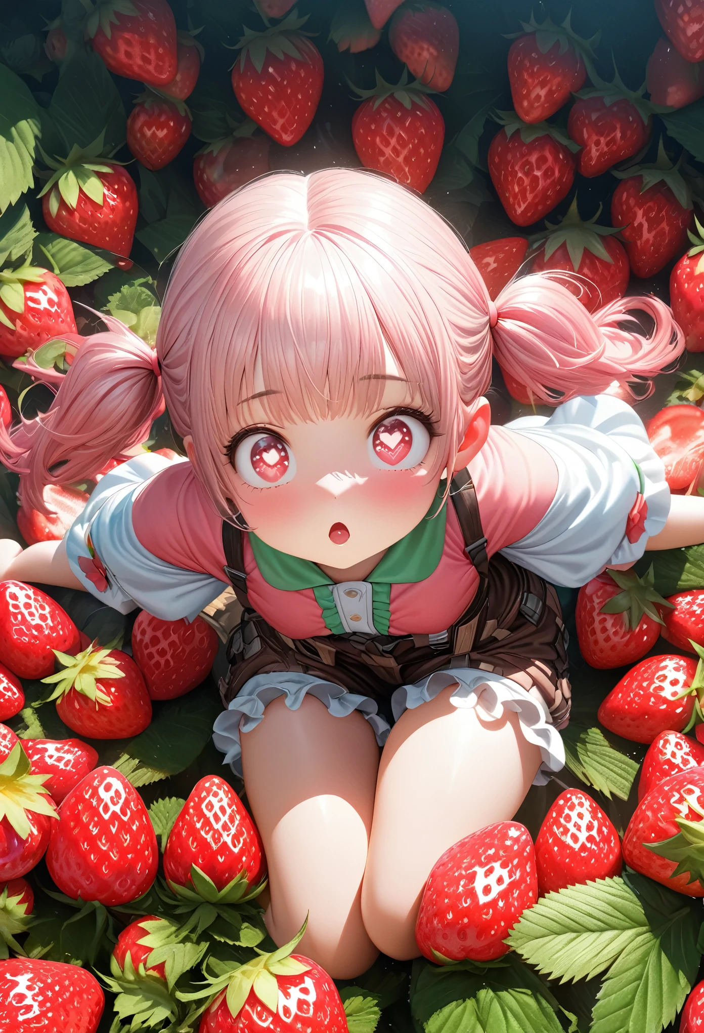 cute, White very short hair, (Big round eyes, Strawberry-shaped pupils), A lustful and lascivious face, light makeup, Pink short twin tails, イチゴにインスパイアされたcuteゆったりしたシャツを着ています, Strawberry-inspired ruffled shorts, Engineer boot, Lots of strawberries in the background, Shading Effects, Gradient Magic Effect, Fresh effect, Cute effects, (Super detailed, The absolute solution, Highest quality:1.3), 2.5D, delicate and dynamic, Artistic photography, Ultra-realistic, Graphics CG Digital Art, Manga style