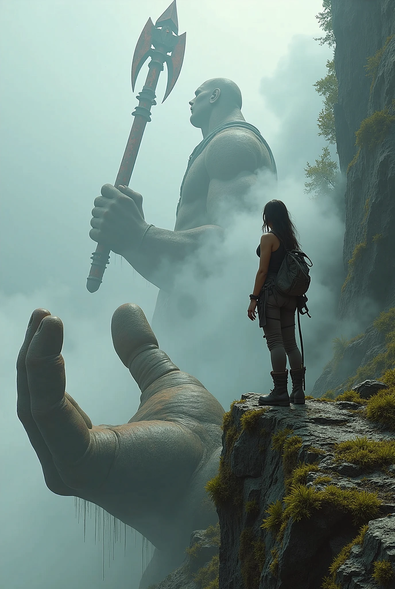Create a breathtaking, semi-realistic image that captures the awe-inspiring scene of a beautiful female climber standing among the remains of an ancient giant's fingers still gripping a giant weapon. | Visualize the female climber with a strong yet graceful presence, her athletic form highlighted by her climbing gear and rugged, weathered clothing. She stands confidently on the massive, weathered fingers of an ancient giant, which are partially buried in the earth and overgrown with moss and vines. The colossal hand is still gripping a massive, rusted weapon, such as a sword or spear, that stretches into the sky, symbolizing the immense power of the long-lost giant. | The setting is a remote, mystical landscape, with the ancient remains shrouded in mist and surrounded by a rugged, untamed environment. The climber looks out over the landscape, her expression a mix of awe and determination, as she takes in the scale of the giant'ss remnants. | The composition should evoke a sense of adventure and discovery, with the contrast between the human scale of the climber and the colossal size of the ancient hand and weapon highlighting the epic nature of the scene. The image should be visually stunning, blending semi-realistic detail with fantasy elements to create an immersive and awe-inspiring visual narrative.