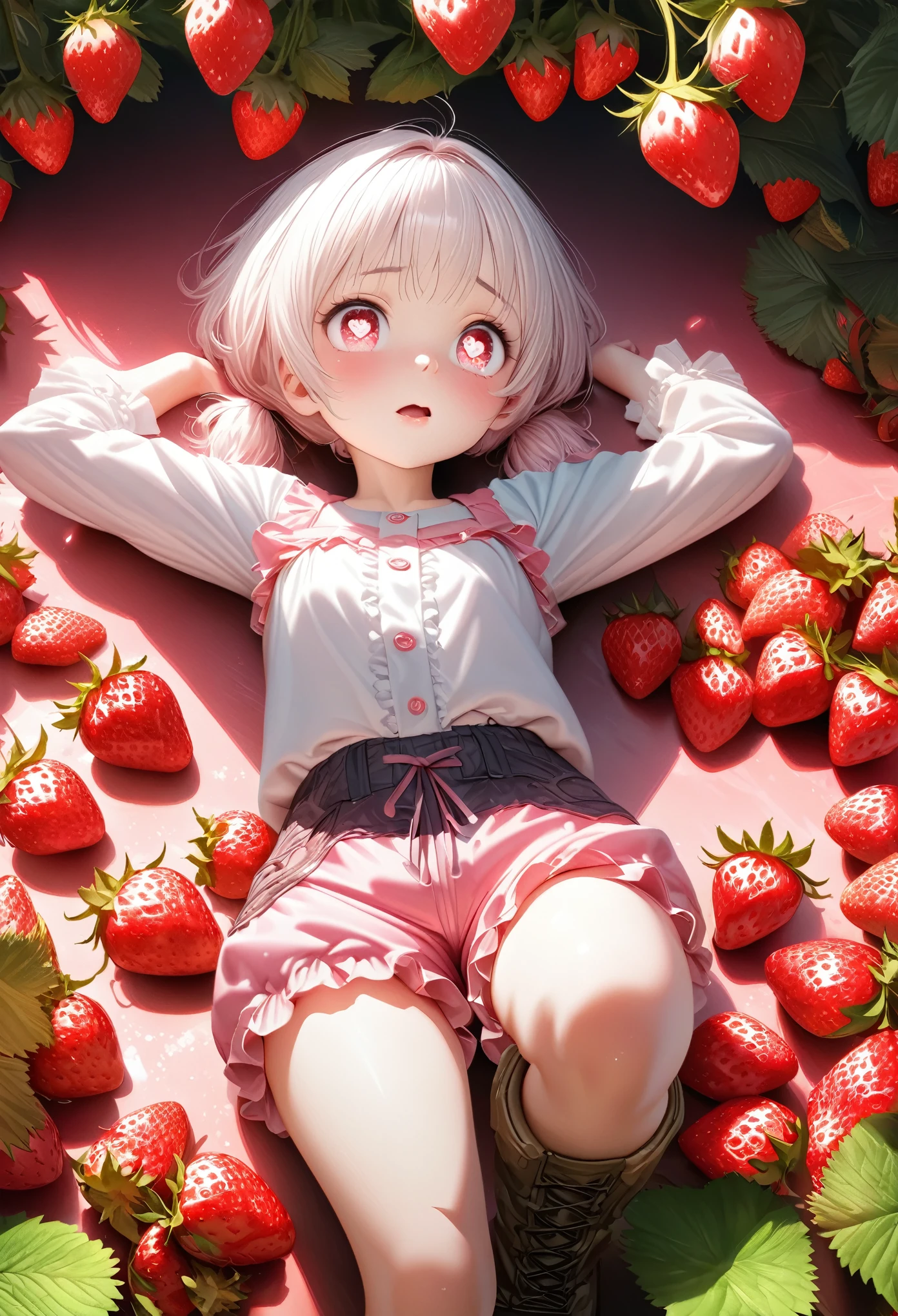 cute, White very short hair, (Big round eyes, Strawberry-shaped pupils), A lustful and lascivious face, light makeup, Pink short twin tails, イチゴにインスパイアされたcuteゆったりしたシャツを着ています, Strawberry-inspired ruffled shorts, Engineer boot, Lots of strawberries in the background, Shading Effects, Gradient Magic Effect, Fresh effect, Cute effects, (Super detailed, The absolute solution, Highest quality:1.3), 2.5D, delicate and dynamic, Artistic photography, Ultra-realistic, Graphics CG Digital Art, Manga style
