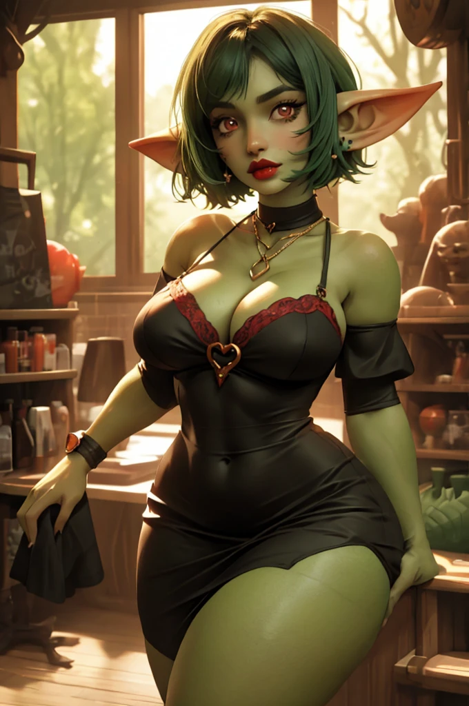 Goblin girl. green skin. very short hairstyle. small breasts. huge hips. choker. mini dress. red eyes. red lips