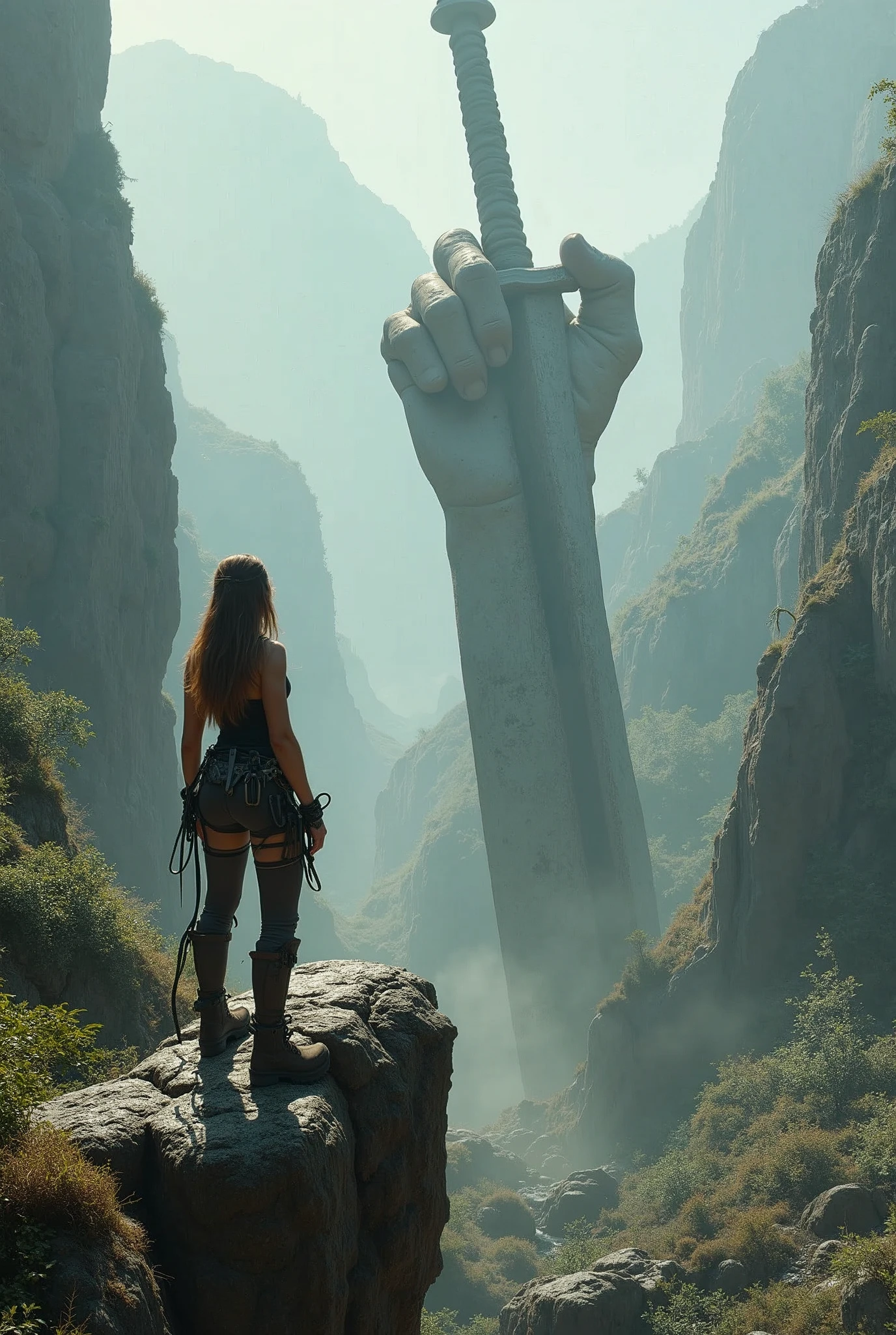 Create a breathtaking, semi-realistic image that captures the awe-inspiring scene of a beautiful female climber standing among the remains of an ancient giant's fingers still gripping a giant weapon. | Visualize the female climber with a strong yet graceful presence, her athletic form highlighted by her climbing gear and rugged, weathered clothing. She stands confidently on the massive, weathered fingers of an ancient giant, which are partially buried in the earth and overgrown with moss and vines. The colossal hand is still gripping a massive, rusted weapon, such as a sword or spear, that stretches into the sky, symbolizing the immense power of the long-lost giant. | The setting is a remote, mystical landscape, with the ancient remains shrouded in mist and surrounded by a rugged, untamed environment. The climber looks out over the landscape, her expression a mix of awe and determination, as she takes in the scale of the giant'ss remnants. | The composition should evoke a sense of adventure and discovery, with the contrast between the human scale of the climber and the colossal size of the ancient hand and weapon highlighting the epic nature of the scene. The image should be visually stunning, blending semi-realistic detail with fantasy elements to create an immersive and awe-inspiring visual narrative.