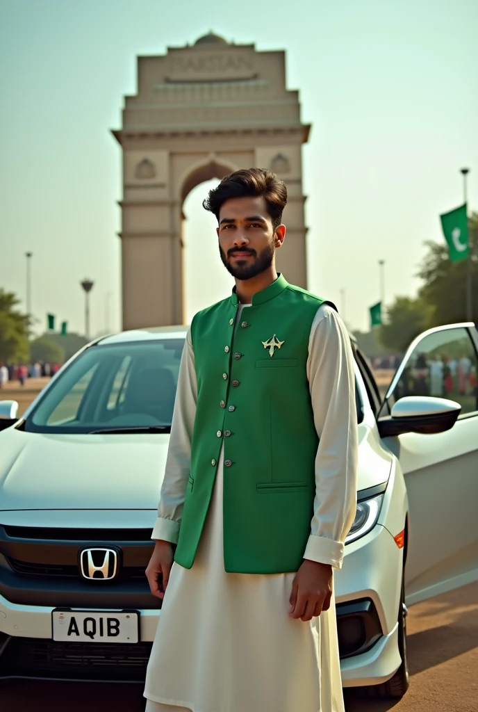 ((best quality)), ((masterpiece)), (detailed), perfect face.A man is standing in the front of a new model of honda Civic whose door is open the number plate of car is written with AQIB.The age of boy is nearly 25 his moutches is big and he has no beared on his face,He is wearing a fitting white shalwar qamez  he is also wearing a green waistcoat .A moon and a star is also present on the left side of waistcoat .The background of the picture is completely decorate with Independence day of Pakistan near Minar e Pakistan 