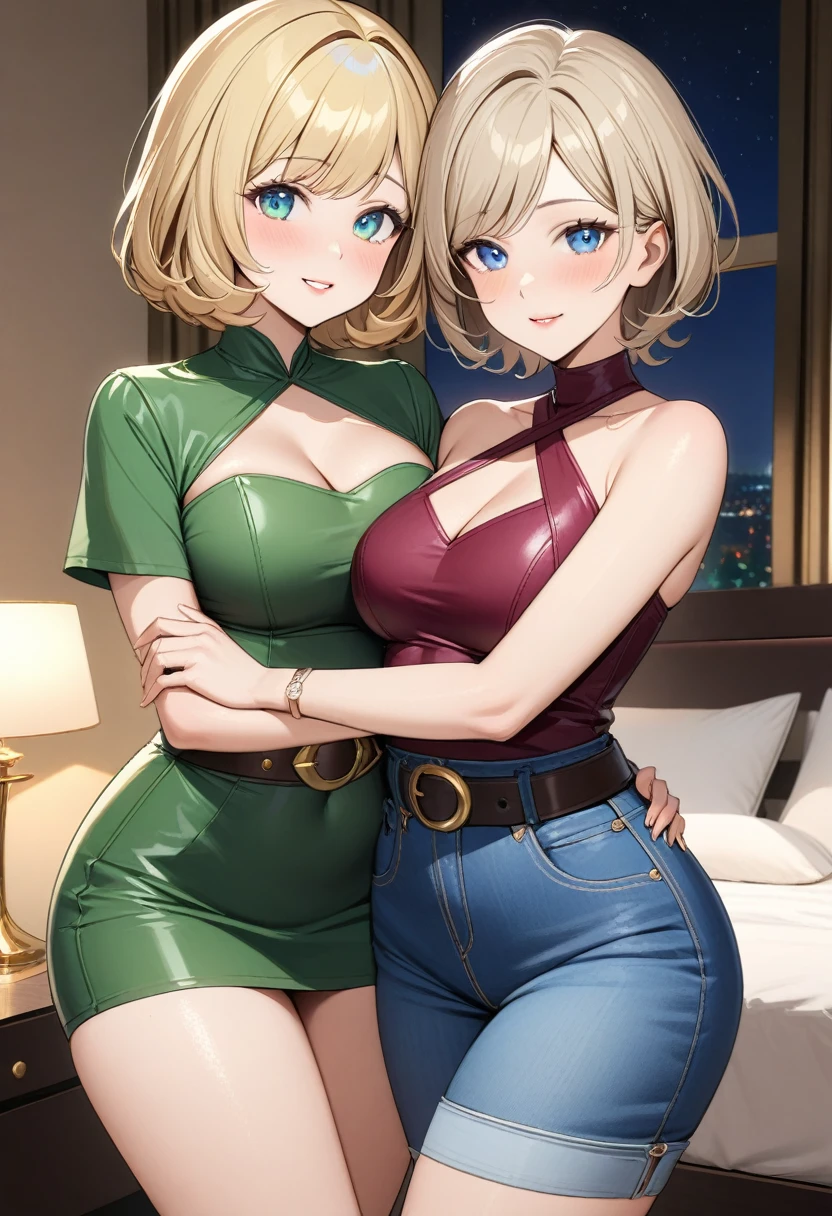 Two beautiful ladies ((lady 1: 45y old mom, with short straight blonde hair with blue eyes and caucasian skin, wearing Tight Denim Skirt and Leather Belt, Sexy Criss Cross Mock Neck Short Sleeves Green Blouse)), ((lady 2: 15y old daughter, with short straight blonde hair with blue eyes and caucasian skin, wearing Tight Denim Skirt and Leather Belt, Sexy Criss Cross Mock Neck Short Sleeveless Burgundy Blouse)), ((lady 1: 45y old mom wearing luxurious jewelry, 18k gold wedding ring on left hand)), standing in their bedroom at night, mother hugging and kissing her daughter from behind, (light brown lipstick), (elegant mascara), (slim body), (small breasts), (wide hips), endjourney, <lora:GoodHands-, <lora:GoodLegs-, UHD, high resolution, (expressive eyes, perfect face, full body, expressive face, perfect body, perfect pussy, athletic, fit, slim body, blushing, Perfect makeup, eyeliner, beautiful eyelashes, smiling, horny face), ((best illumination, best shadows)), ((sexy pose)), ((Front pov:1.1))