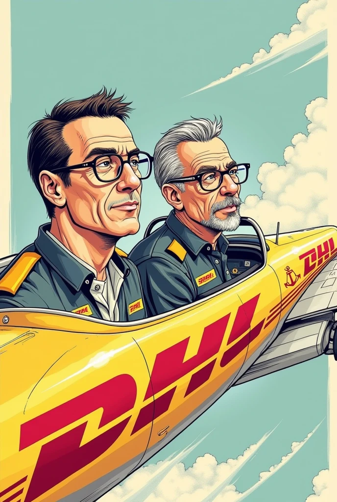 Two men with prescription glasses, Riding a plane, and goatee, one of them is wearing a DHL shirt, and the other with a shirt with vertical stripes, preta e branca, and a team shield that is composed of a red anchor. they are going from BRAZIL to Japan, make it very clear with the flags. I want the drawing with realistic lines, Now I want both of them with hard cocks